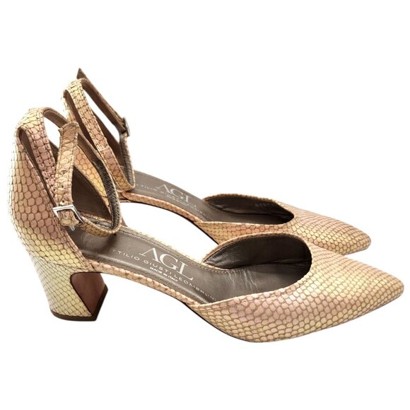 AGL D'Orsay Pink Pearlescent Snakeskin Ankle Strap Chunk Heels Sz. 9.5 US 40 EU - Picture 6 of 10